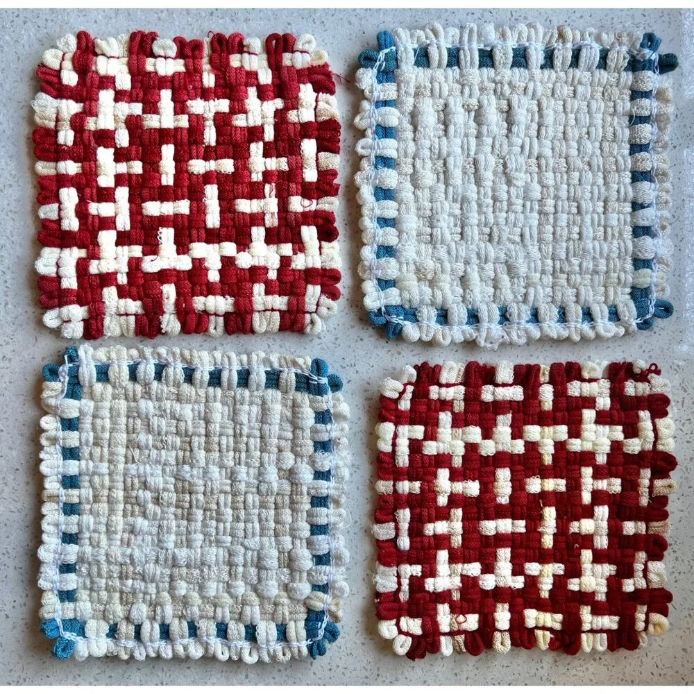 Handwoven Cotton Pot Holders Set Of 5 - Multicolor Large & Red/White/Blue Small